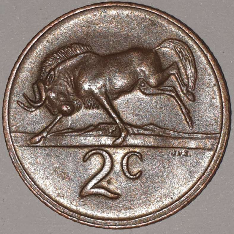1976 - 2 CENT COIN (TWO CENT COIN) - RSA - BRONZE - KM#83 - BILINGUAL LEGEND - WILDEBEEST